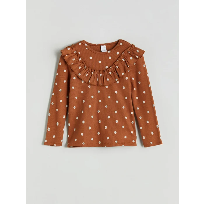 LCW Kids Kahverengi Bisiklet Yaka Çiçekli Kız Çocuk Tişört