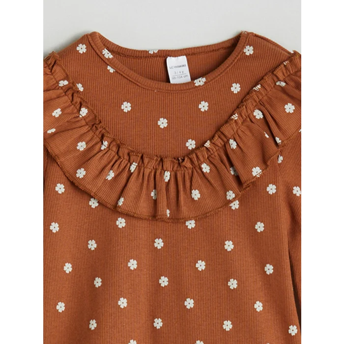LCW Kids Kahverengi Bisiklet Yaka Çiçekli Kız Çocuk Tişört