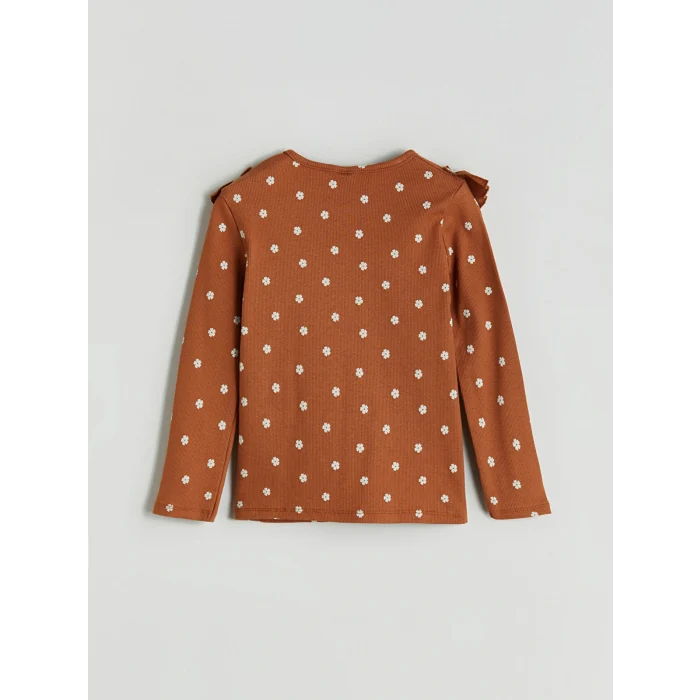 LCW Kids Kahverengi Bisiklet Yaka Çiçekli Kız Çocuk Tişört