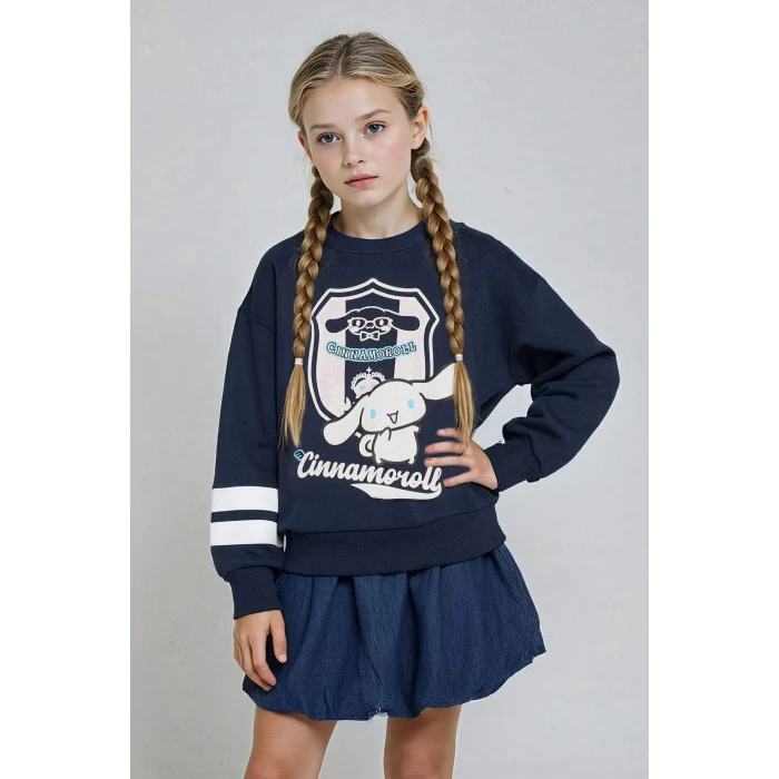 Defacto F3412A8NV241 Lacivert Kız Çocuk Hello Kitty Oversize Geniş Kalıp Bisiklet Yaka Sweatshirt