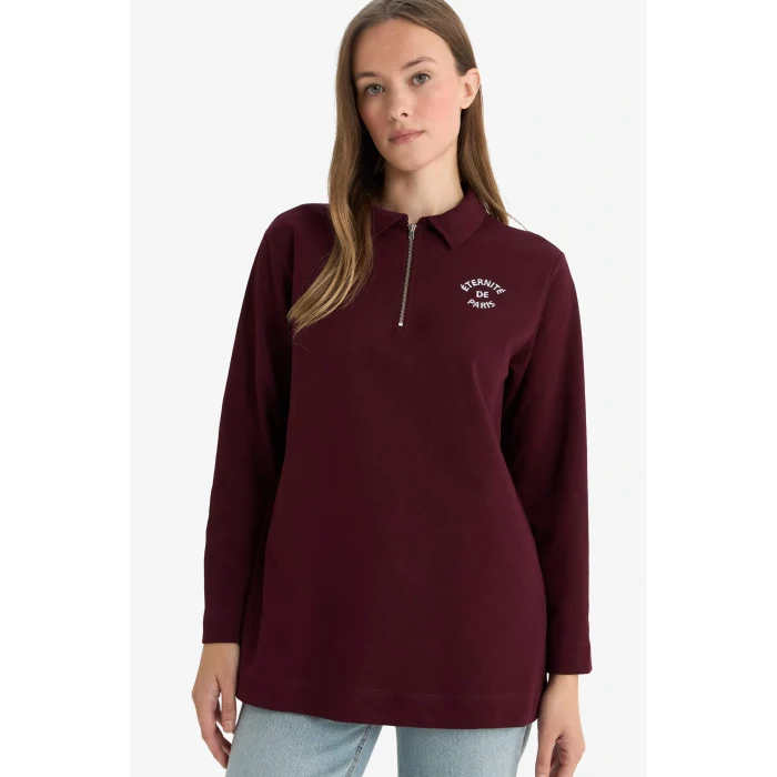 Defacto G1312AXBR288 Bordo Regular Fit Polo Yaka Nakışlı Yarım Fermuarlı Sweatshirt Tunik