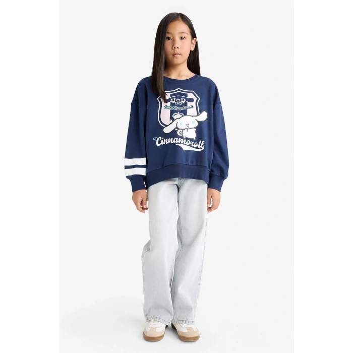 Defacto F3412A8NV241 Lacivert Kız Çocuk Hello Kitty Oversize Geniş Kalıp Bisiklet Yaka Sweatshirt