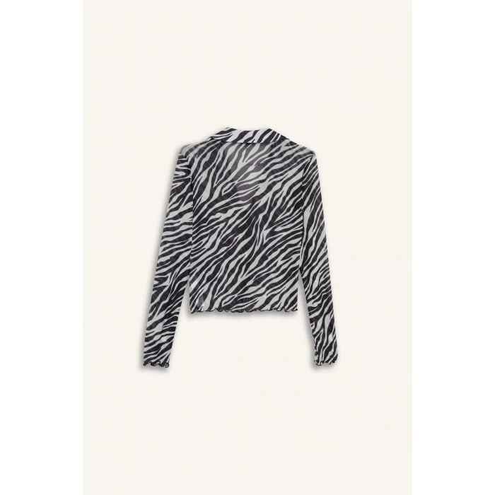 Defacto G2379AXWT32 Beyaz Fitted Polo Yaka Zebra Desenli Önden Bağlamalı Tül Bluz