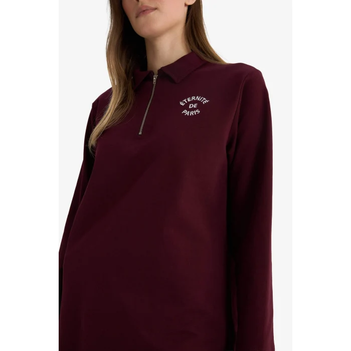 Defacto G1312AXBR288 Bordo Regular Fit Polo Yaka Nakışlı Yarım Fermuarlı Sweatshirt Tunik