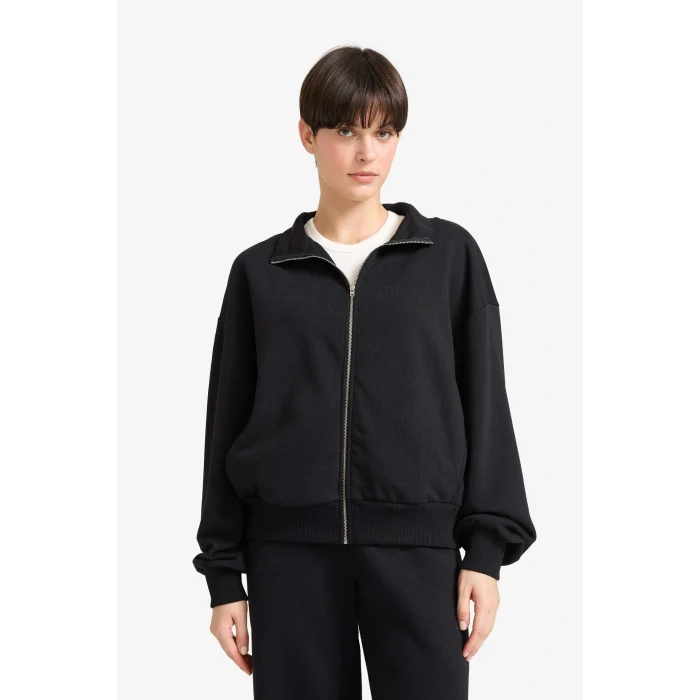 Defacto F7107AXBK81 Siyah Regular Fit Basic Düz Fermuarlı Hırka