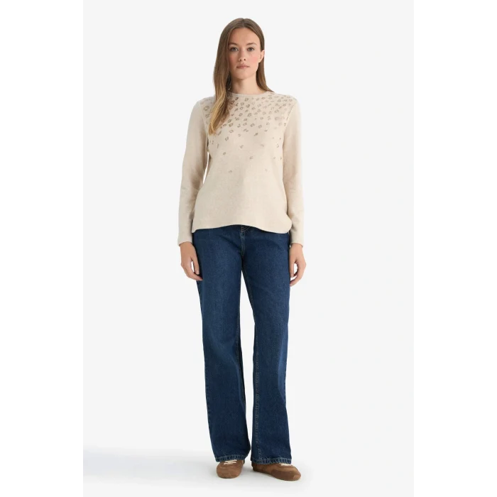 Defacto E9895AXBG322 Bej Regular Fit Bisiklet Yaka Taş Detaylı Uzun Kollu Tişört