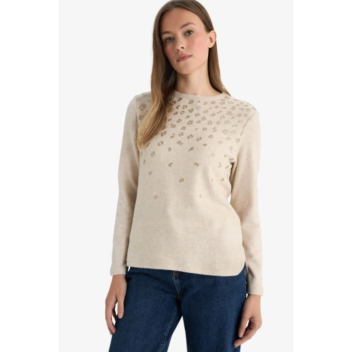 Defacto E9895AXBG322 Bej Regular Fit Bisiklet Yaka Taş Detaylı Uzun Kollu Tişört