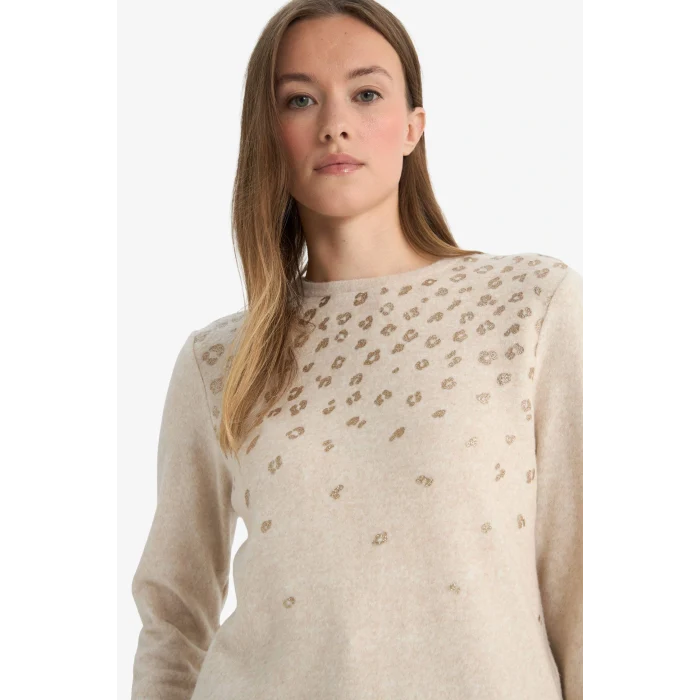 Defacto E9895AXBG322 Bej Regular Fit Bisiklet Yaka Taş Detaylı Uzun Kollu Tişört