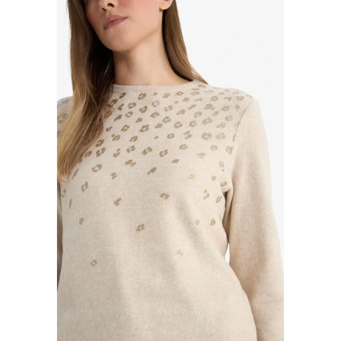 Defacto E9895AXBG322 Bej Regular Fit Bisiklet Yaka Taş Detaylı Uzun Kollu Tişört