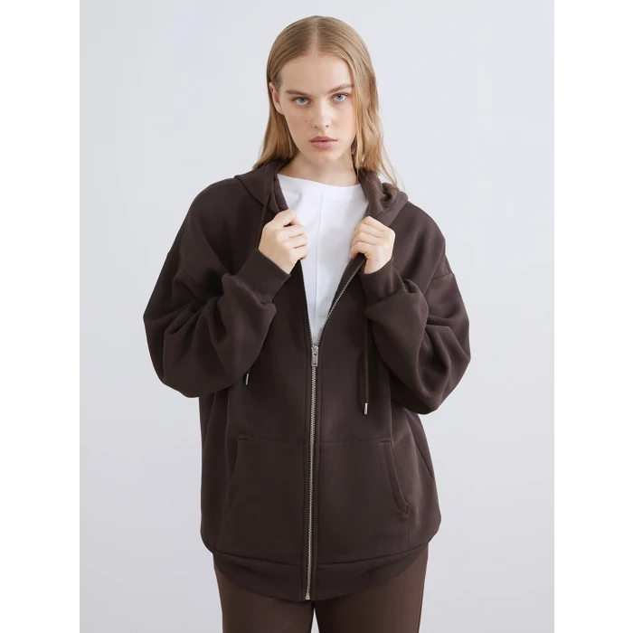 XSIDE Kahverengi Kapüşonlu Oversize Kadın Kalın Fermuarlı Sweatshirt