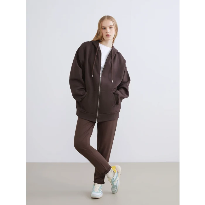 XSIDE Kahverengi Kapüşonlu Oversize Kadın Kalın Fermuarlı Sweatshirt