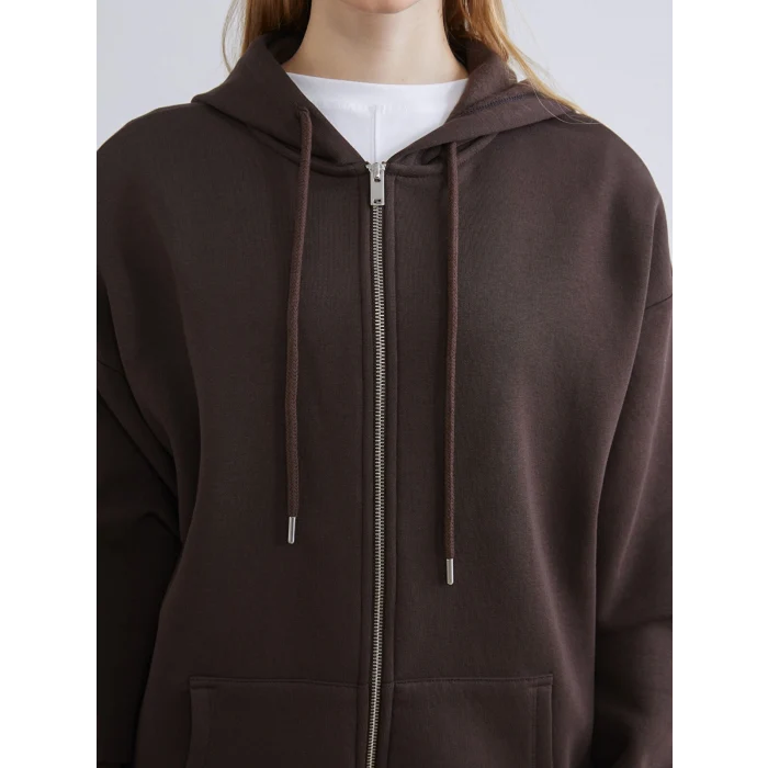 XSIDE Kahverengi Kapüşonlu Oversize Kadın Kalın Fermuarlı Sweatshirt
