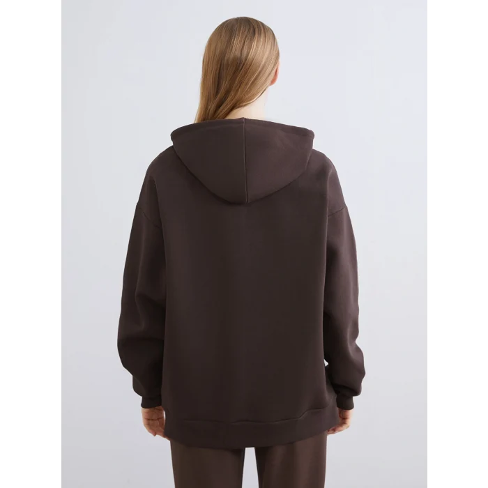 XSIDE Kahverengi Kapüşonlu Oversize Kadın Kalın Fermuarlı Sweatshirt