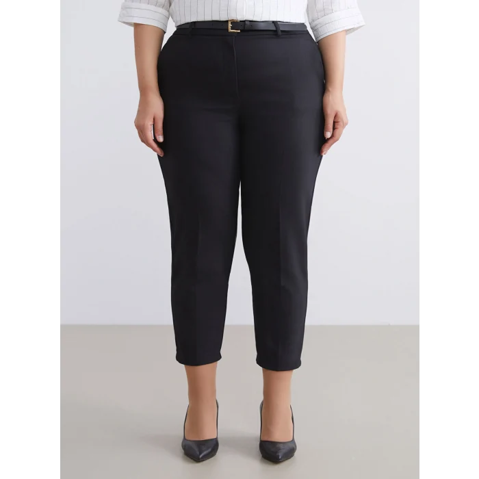 LCWAIKIKI Classic Siyah Büyük Beden Beli Kemerli Kadın Cigarette Pantolon