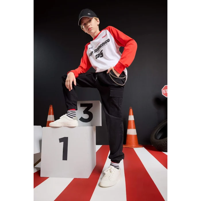 Defacto F1961A8WT32 Beyaz Erkek Çocuk Bisiklet Yaka Baskılı Uzun Kollu Tişört