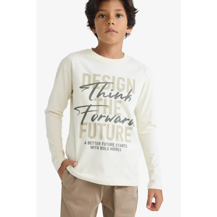 Defacto E9517A8BG734 Bej Erkek Çocuk Bisiklet Yaka Baskılı Uzun Kollu Tişört