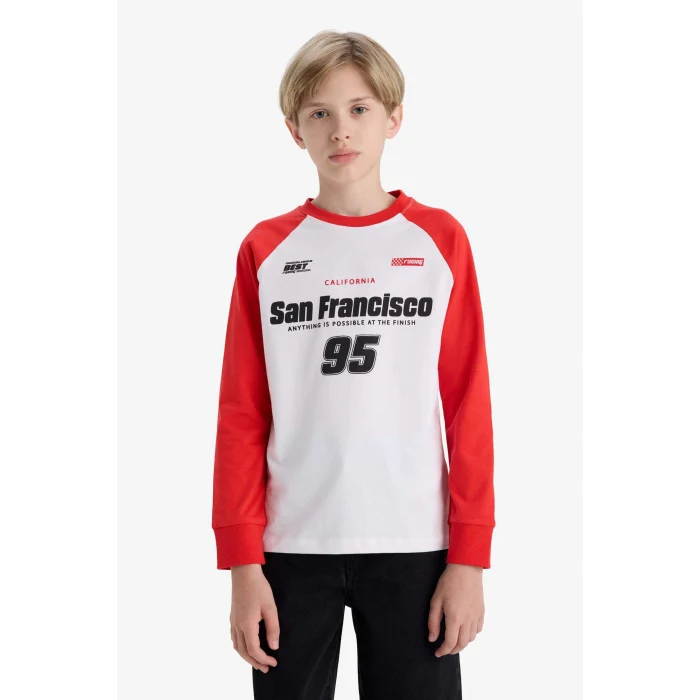 Defacto F1961A8WT32 Beyaz Erkek Çocuk Bisiklet Yaka Baskılı Uzun Kollu Tişört