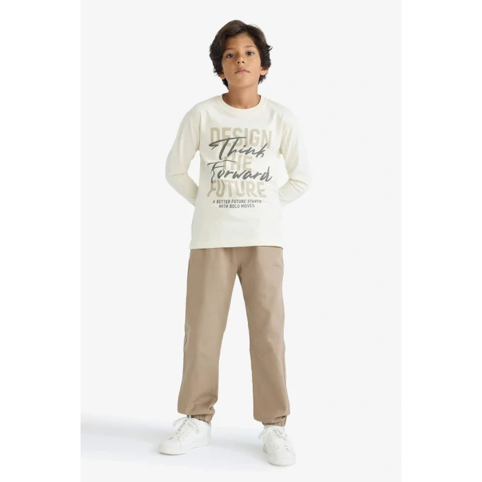 Defacto E9517A8BG734 Bej Erkek Çocuk Bisiklet Yaka Baskılı Uzun Kollu Tişört