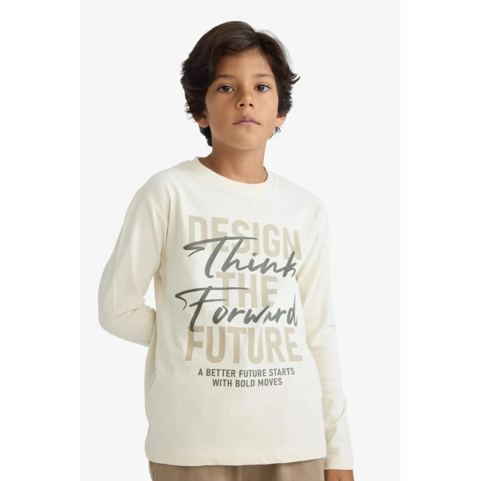 Defacto E9517A8BG734 Bej Erkek Çocuk Bisiklet Yaka Baskılı Uzun Kollu Tişört