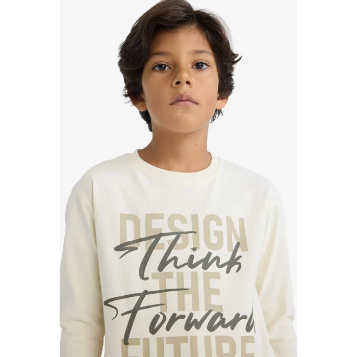 Defacto E9517A8BG734 Bej Erkek Çocuk Bisiklet Yaka Baskılı Uzun Kollu Tişört