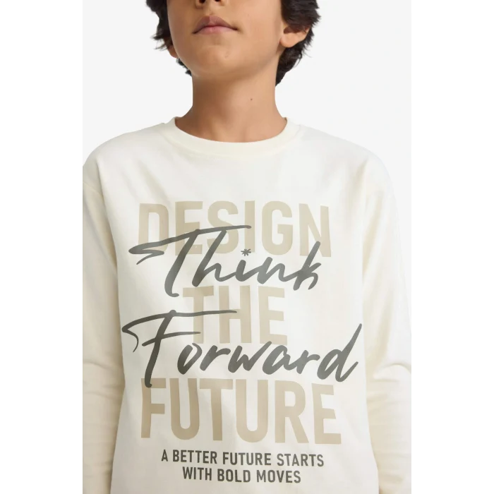 Defacto E9517A8BG734 Bej Erkek Çocuk Bisiklet Yaka Baskılı Uzun Kollu Tişört