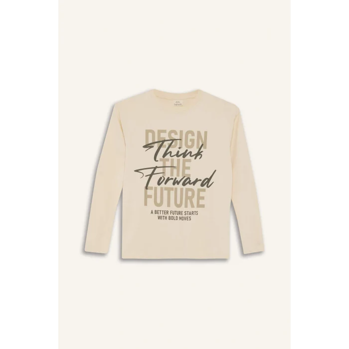 Defacto E9517A8BG734 Bej Erkek Çocuk Bisiklet Yaka Baskılı Uzun Kollu Tişört
