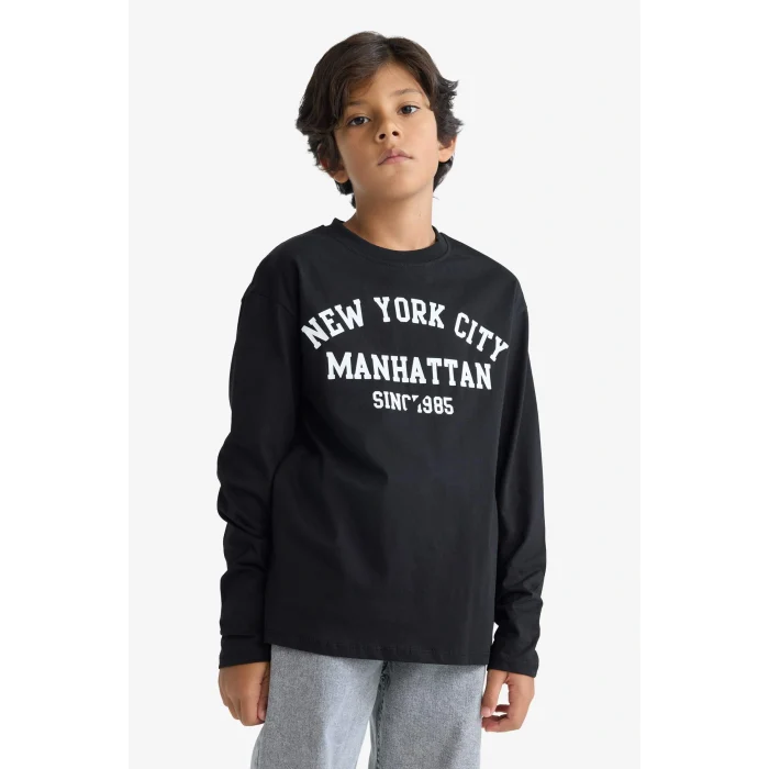 Defacto E9514A8BK81 Siyah Erkek Çocuk Bisiklet Yaka Baskılı Uzun Kollu Tişört