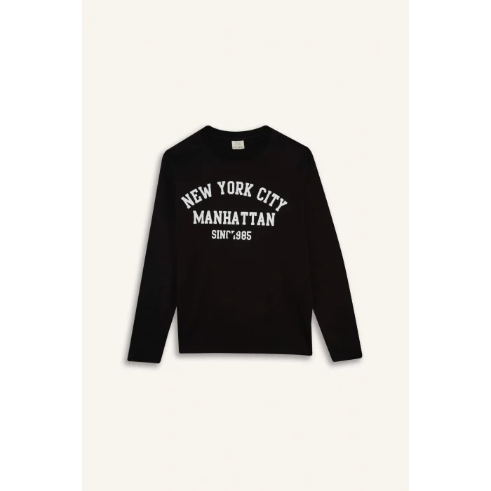 Defacto E9514A8BK81 Siyah Erkek Çocuk Bisiklet Yaka Baskılı Uzun Kollu Tişört