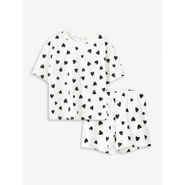 LCW Kids Ekru Bisiklet Yaka Kız Çocuk Şortlu Pijama Takımı