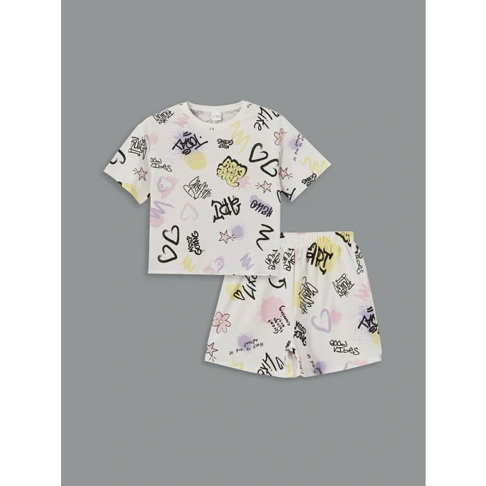 LCW Kids Ekru Bisiklet Yaka Kız Çocuk Şortlu Pijama Takımı