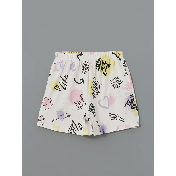 LCW Kids Ekru Bisiklet Yaka Kız Çocuk Şortlu Pijama Takımı