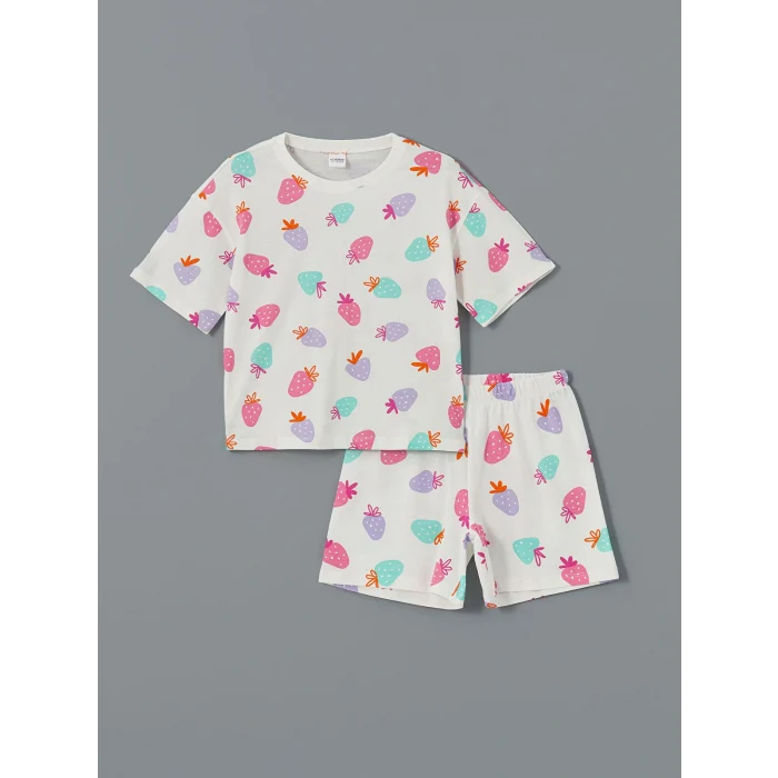 LCW Kids Ekru Bisiklet Yaka Kız Çocuk Şortlu Pijama Takımı