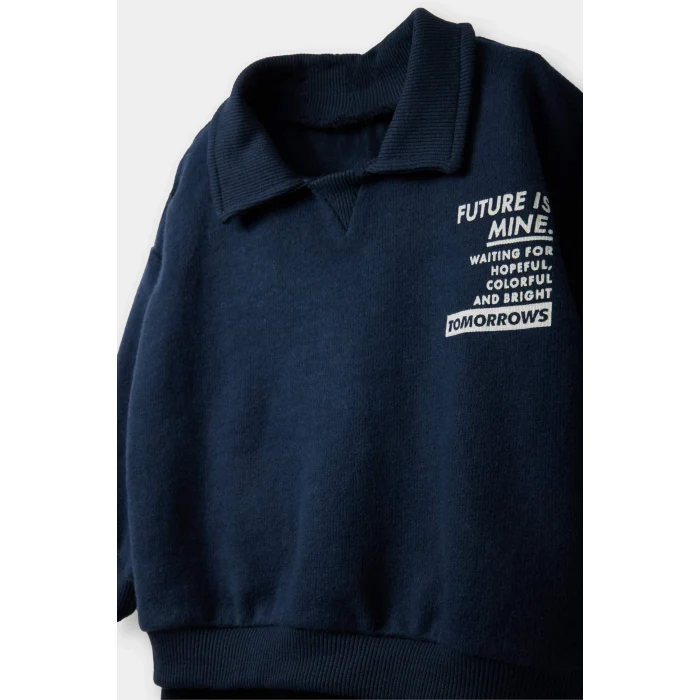 Defacto F9437A5NV71 Lacivert Erkek Bebek 2li Takım Baskılı Selanik Kumaş Sweatshirt Eşofman Altı