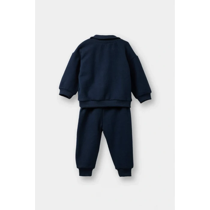 Defacto F9437A5NV71 Lacivert Erkek Bebek 2li Takım Baskılı Selanik Kumaş Sweatshirt Eşofman Altı