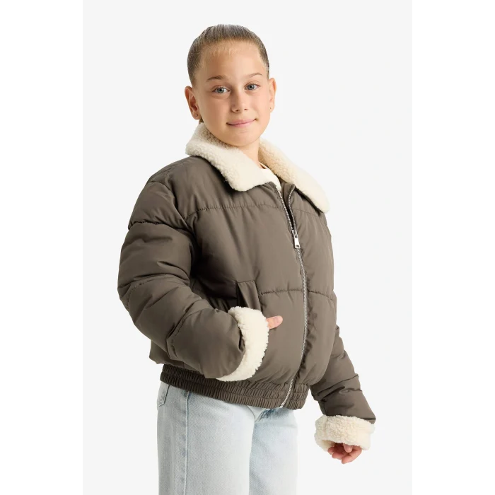 Defacto F0050A8KH153 Haki Kız Çocuk Pelüş Yakalı Fermuarlı Mont