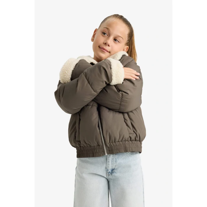 Defacto F0050A8KH153 Haki Kız Çocuk Pelüş Yakalı Fermuarlı Mont