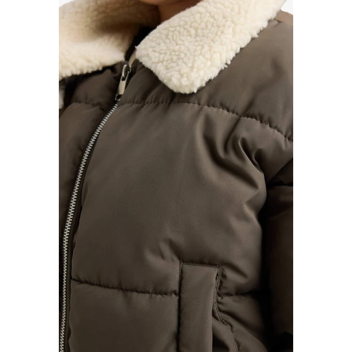 Defacto F0050A8KH153 Haki Kız Çocuk Pelüş Yakalı Fermuarlı Mont