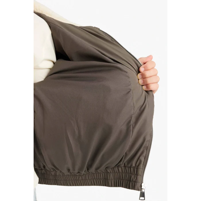 Defacto F0050A8KH153 Haki Kız Çocuk Pelüş Yakalı Fermuarlı Mont