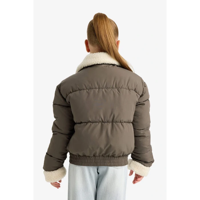 Defacto F0050A8KH153 Haki Kız Çocuk Pelüş Yakalı Fermuarlı Mont
