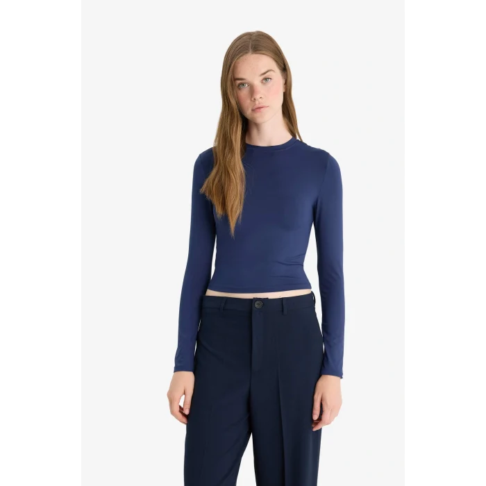 Defacto D0199AXNV146 Lacivert Fitted Bisiklet Yaka Uzun Kollu Tişört