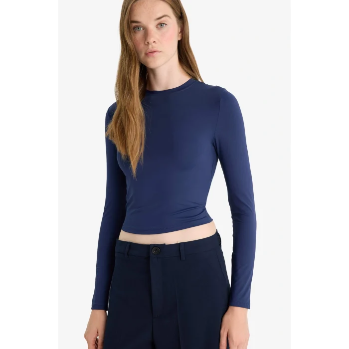 Defacto D0199AXNV146 Lacivert Fitted Bisiklet Yaka Uzun Kollu Tişört