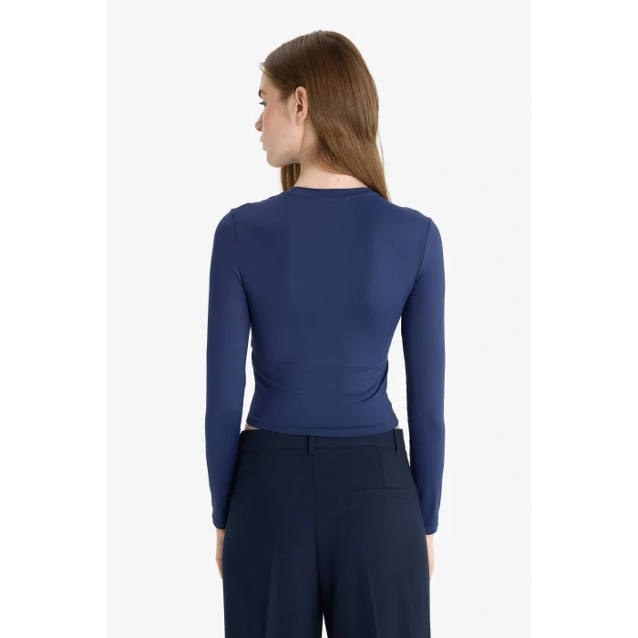 Defacto D0199AXNV146 Lacivert Fitted Bisiklet Yaka Uzun Kollu Tişört