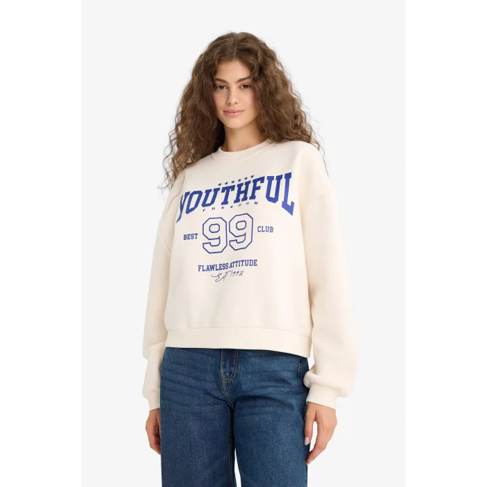 Defacto E9502AXWT32 Beyaz Regular Fit Bisiklet Yaka Baskılı Sweatshirt
