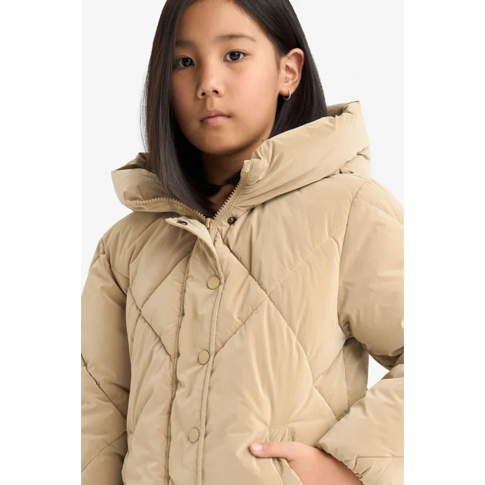 Defacto A0839A8BG203 Bej Kız Çocuk Kapüşonlu Fermuarlı Çıtçıtlı Kapitoneli Mont