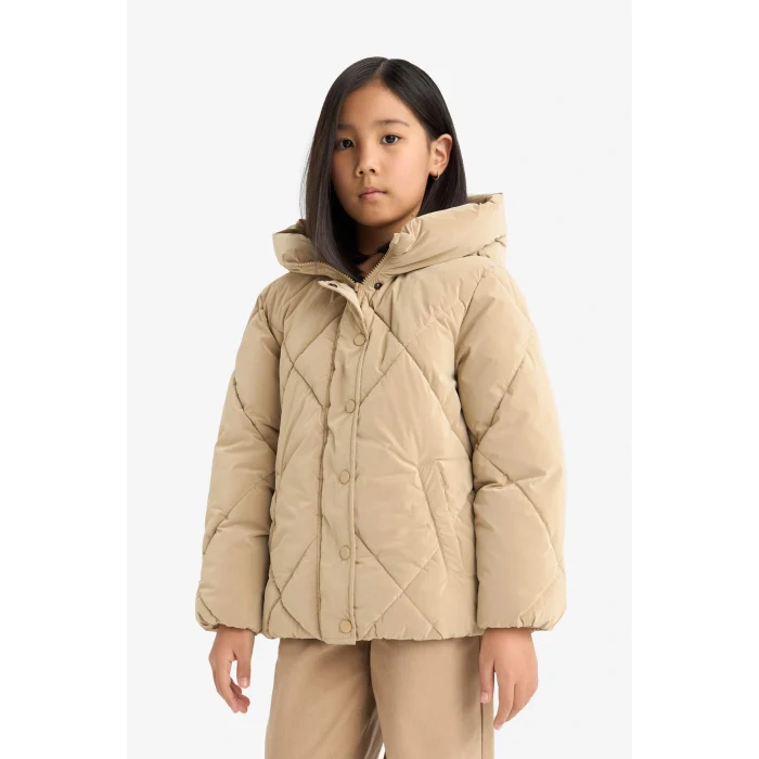 Defacto A0839A8BG203 Bej Kız Çocuk Kapüşonlu Fermuarlı Çıtçıtlı Kapitoneli Mont