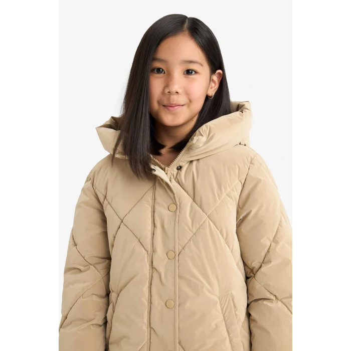 Defacto A0839A8BG203 Bej Kız Çocuk Kapüşonlu Fermuarlı Çıtçıtlı Kapitoneli Mont