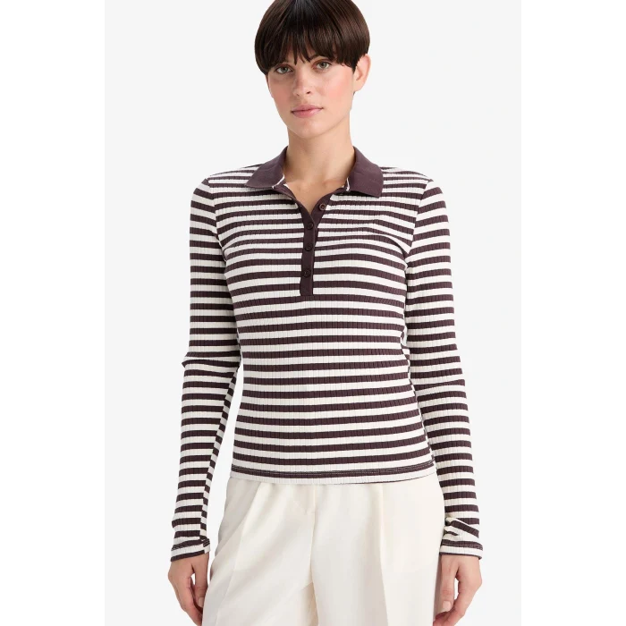 Defacto F7808AXBR232 Bordo Slim Fit Dar Kesim Polo Yaka Çizgili Fitilli Kaşkorse Uzun Kollu Tişört