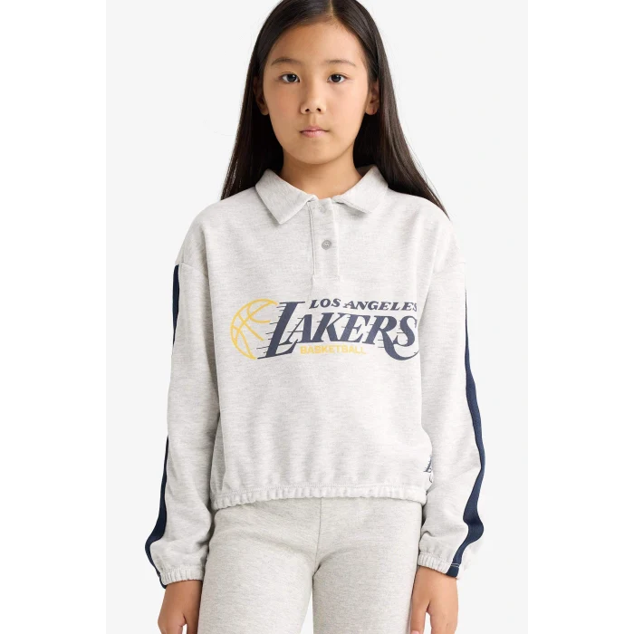 Defacto F3201A8GR85 Gri Kız Çocuk NBA Los Angeles Lakers Relax Fit Polo Yaka Sweatshirt