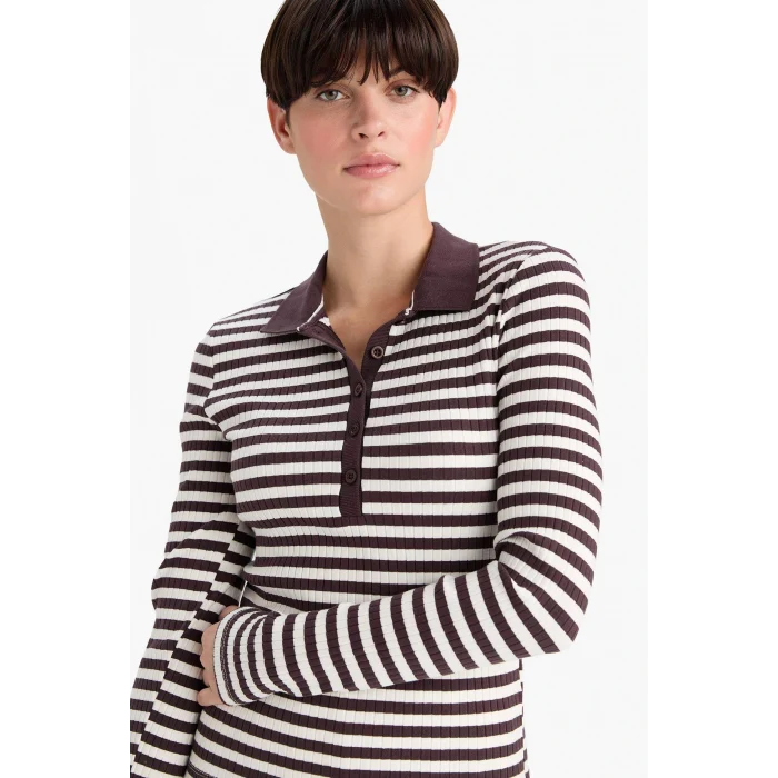 Defacto F7808AXBR232 Bordo Slim Fit Dar Kesim Polo Yaka Çizgili Fitilli Kaşkorse Uzun Kollu Tişört