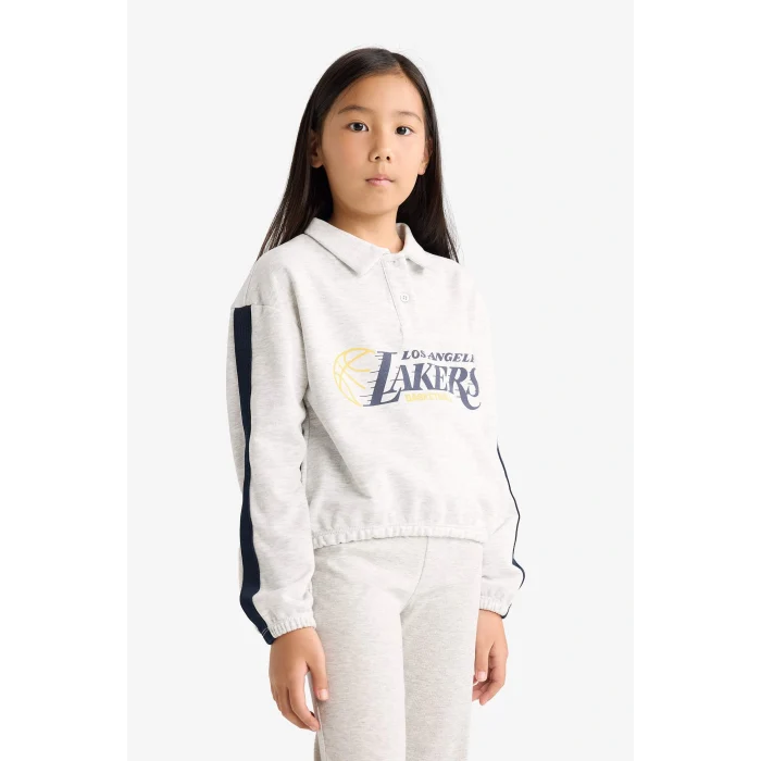 Defacto F3201A8GR85 Gri Kız Çocuk NBA Los Angeles Lakers Relax Fit Polo Yaka Sweatshirt